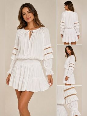 Ramy Brooke Randi Mini Dress Smocking Wooden Beads Ruffle in Ivory Lined